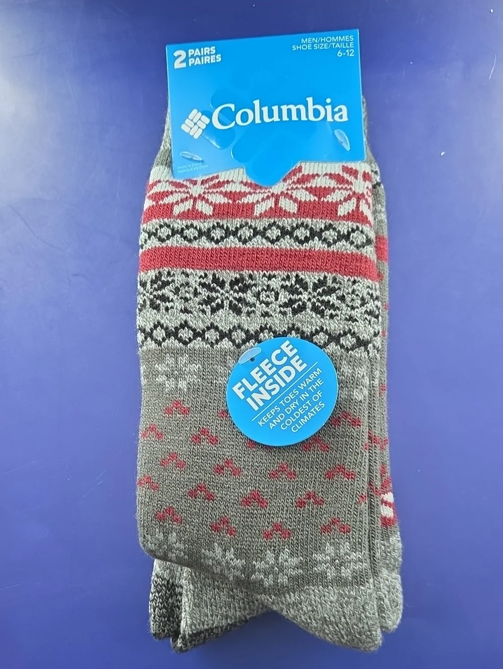 Columbia Men's Fleece-Lined Gray & Red Patterned Socks 2 Pairs
